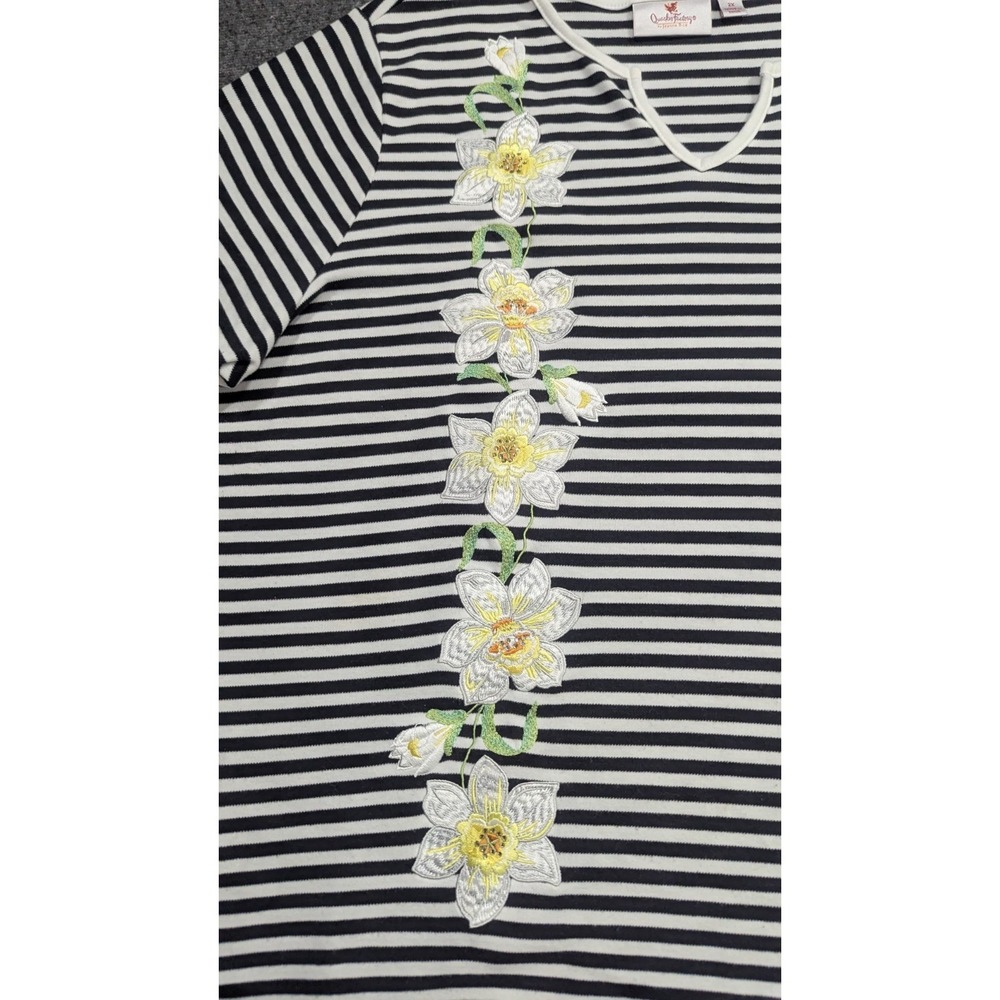 Quaker Factory Shirt Womens 2X Black White Stripe Coastal Granny Cottagecore - Picture 4 of 16